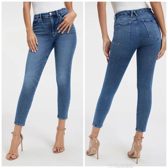 GOOD AMERICAN Good Waist‎ Crop Skinny Jeans Light Wash Distressed Size 15 New - Picture 1 of 16